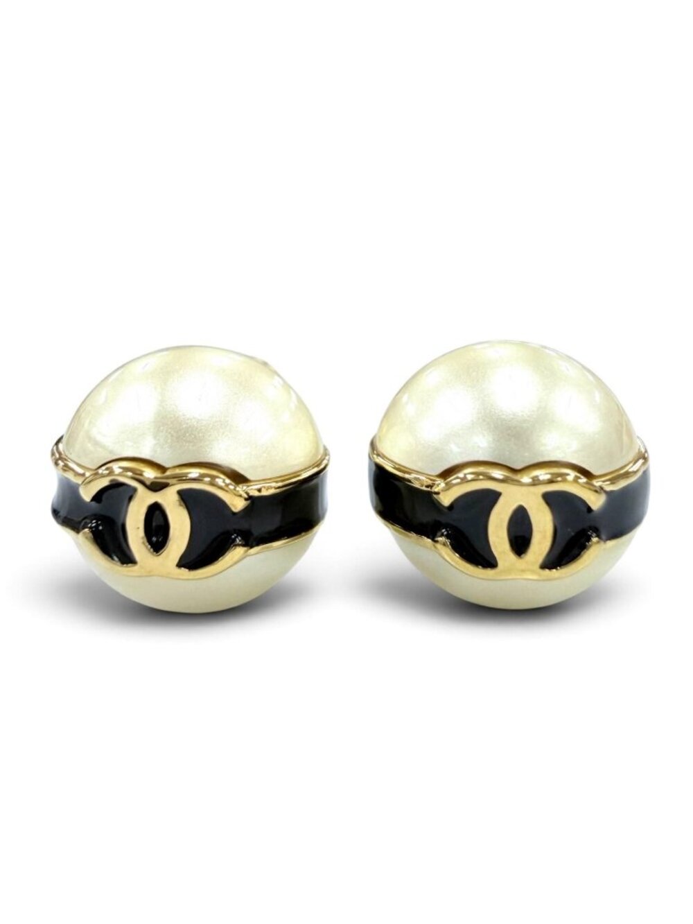 Chanel CC Logo Eco Pearl Black Line Earrings Gold